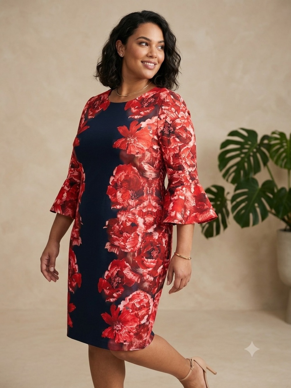 Calvin Klein Navy Sheath Dress with Red Floral Print